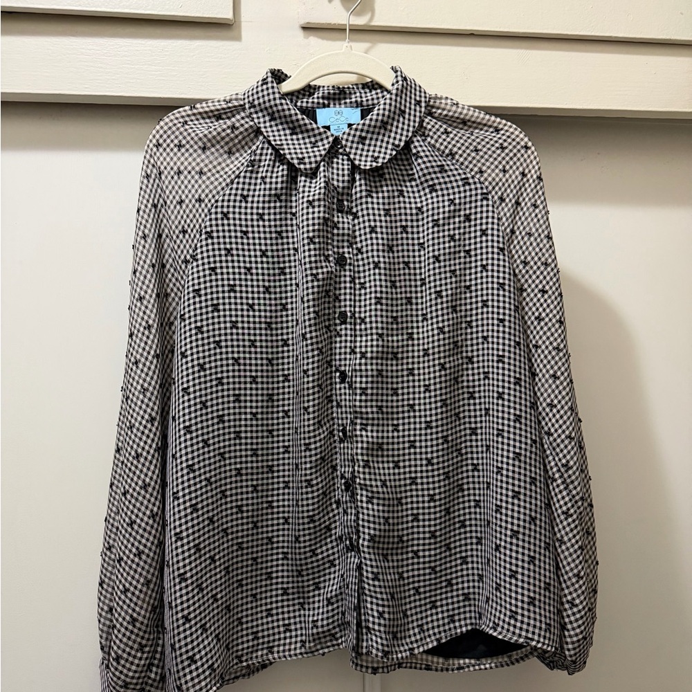 CeCe Gingham Check Sheer Peter Pan Collar Blouse Women’s M NWOT